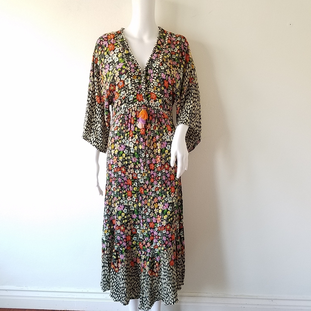 Derhy Ditsy Floral V-Neck Tassel Longsleeve Midi Dress Size Small